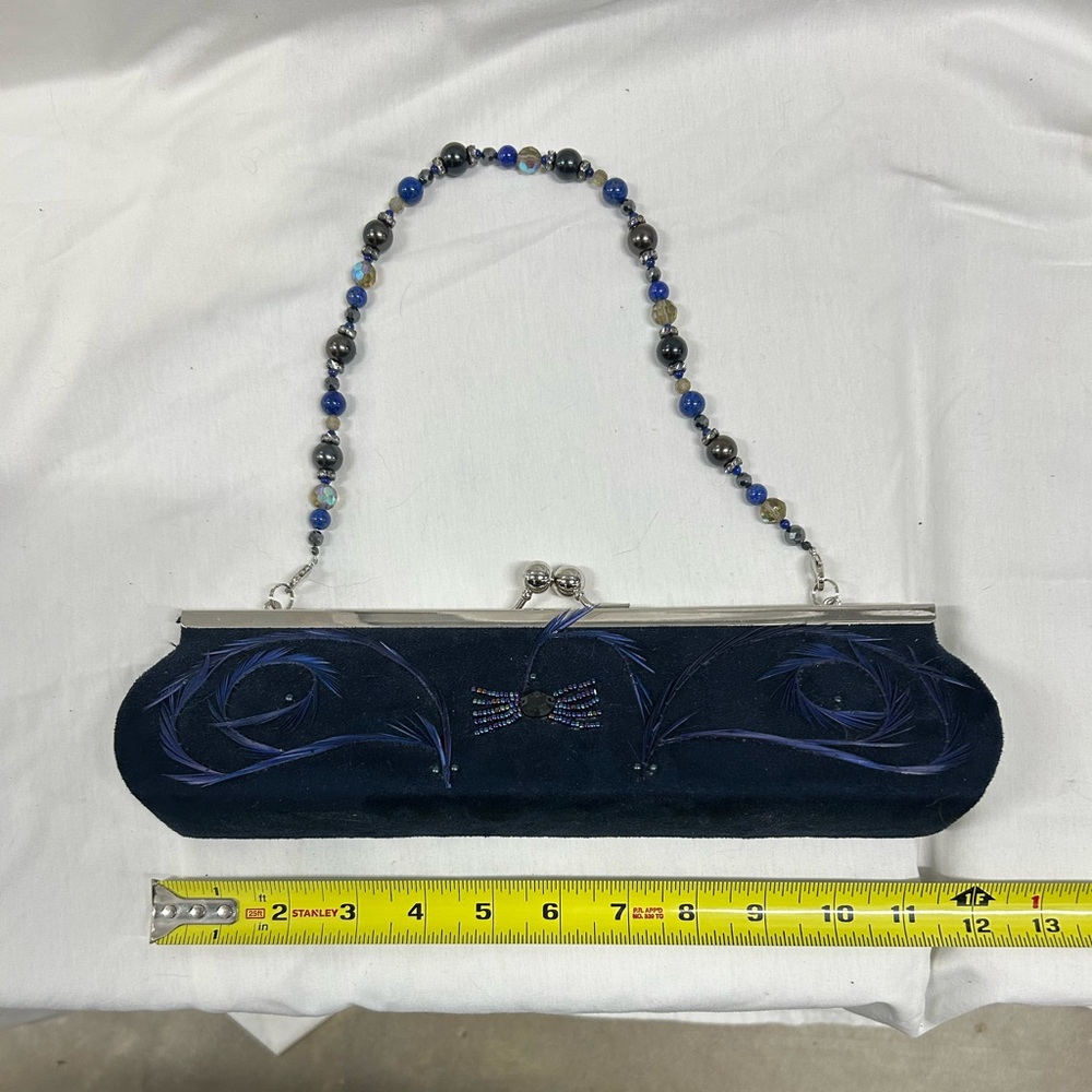 Rock Candy Velvet and Feather Blue Handbag with Beaded Strap